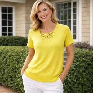 WinterSilks Sweater Top Women XL Silk Cashmere Crochet Neck Yellow Short Sleeve